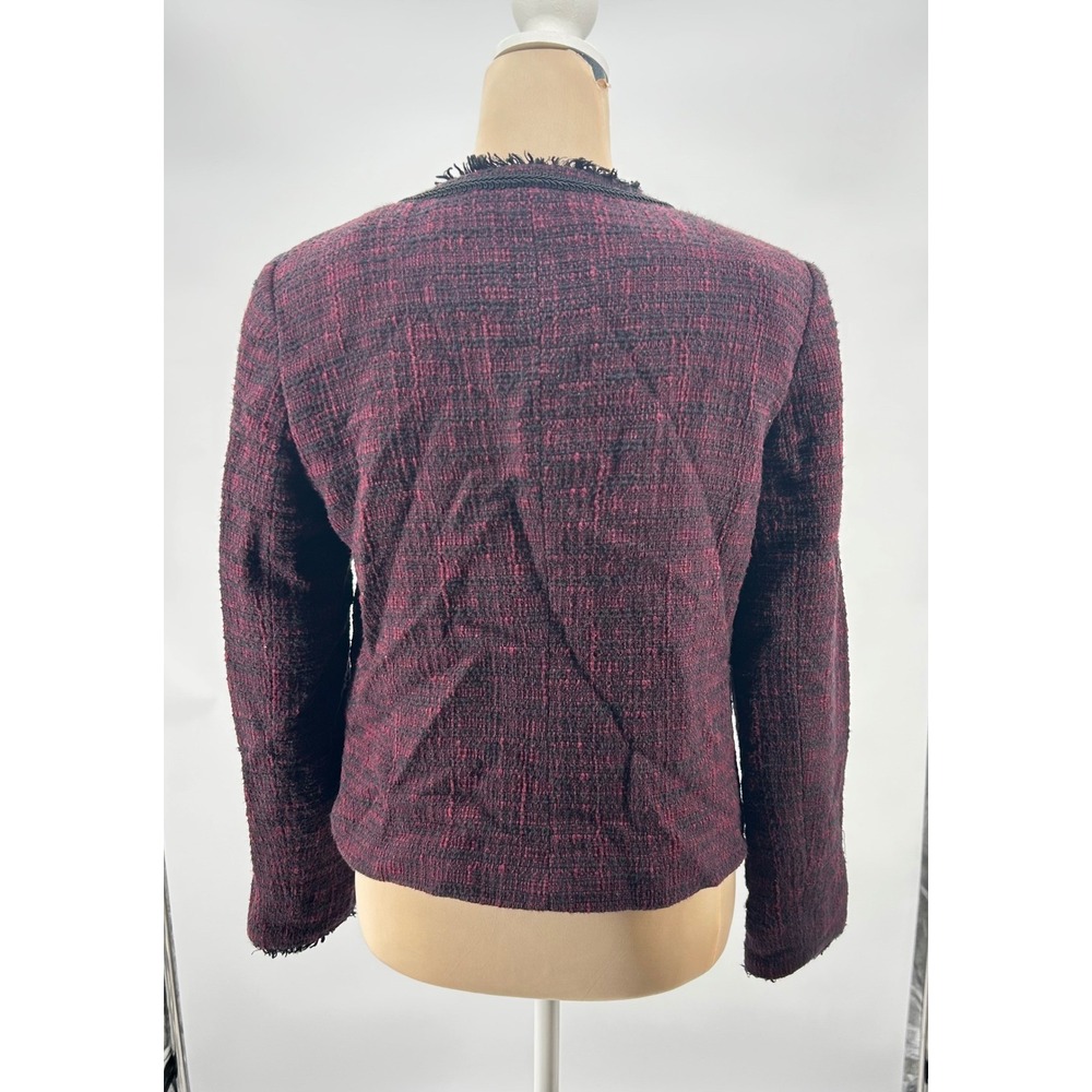 Ivanka Trump Womens Burgundy Black Tweed Jacket Braided Trim Crest Buttons Sz 10